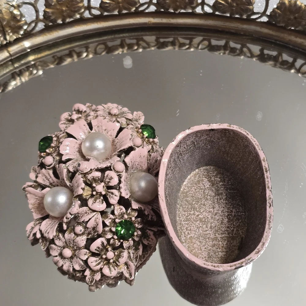 Vintage Florenza Pink Jeweled Floral Basket Trinket Box